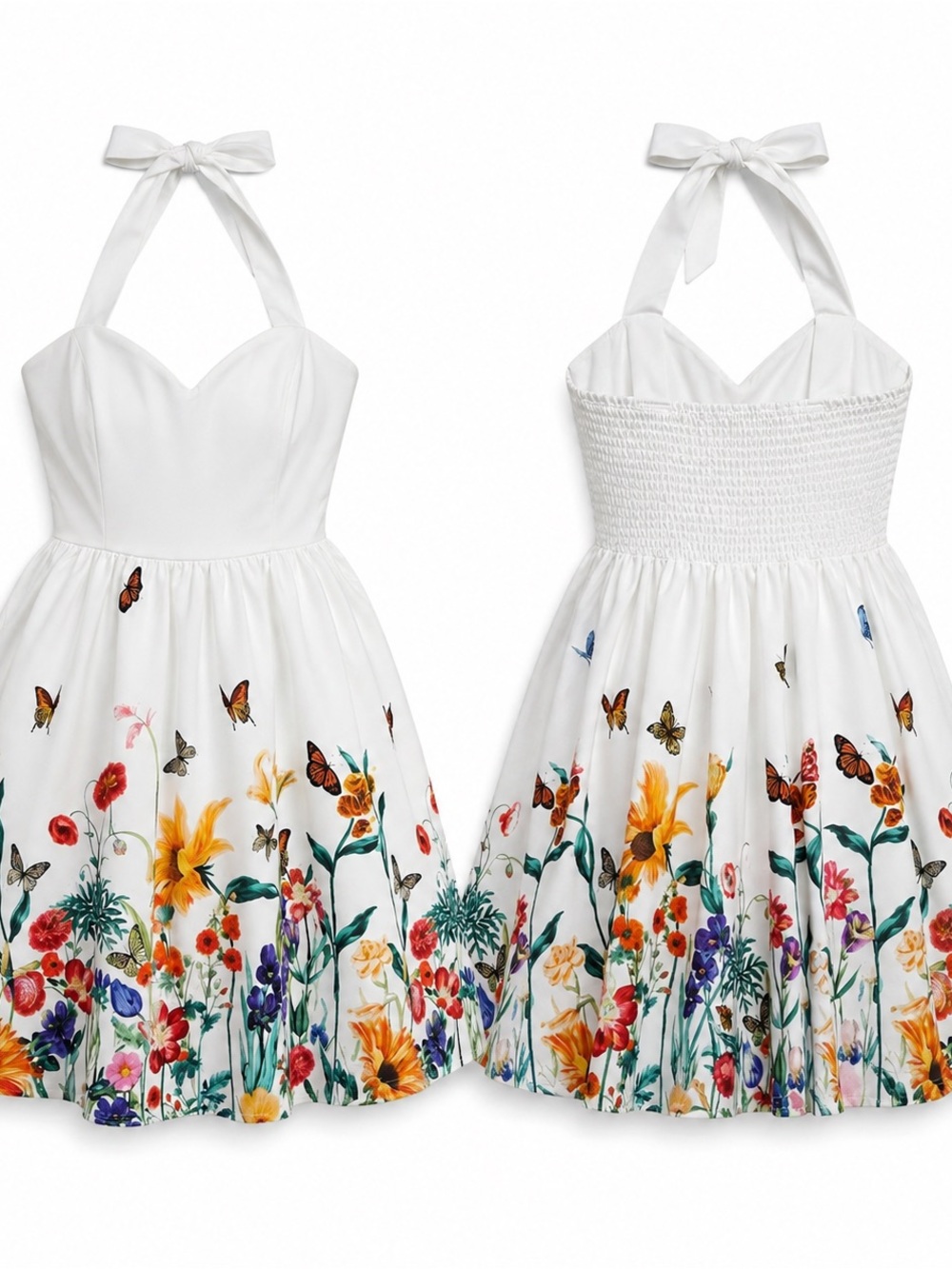 Cupshe Floral Butterfly Halter Dress Lined Smocked Back Fit & Flare M - Picture 2 of 5